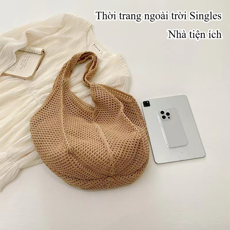 Túi Cói Đi Biển Nữ – Túi Lưới Đan Cài Hoa, Đeo Vai Hàn Quốc, Size Lớn Đựng Đồ Thoải Mái, Thiết Kế Kẹp Nách Thời Trang