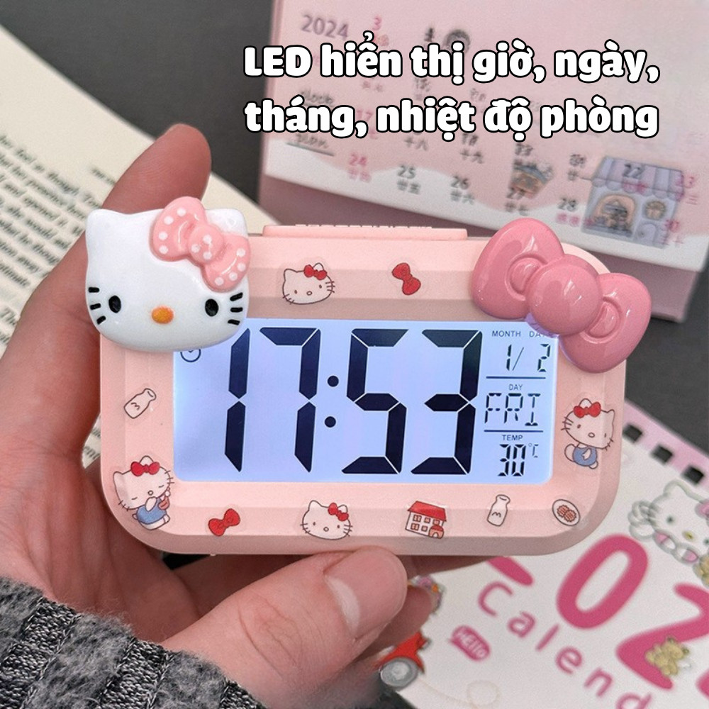Đồng Hồ Báo Thức Điện Tử Hello Kitty Để Bàn DINO, Đồng Hồ Mini Để Bàn Màn Hình LED Hiển Thị Rõ Ràng