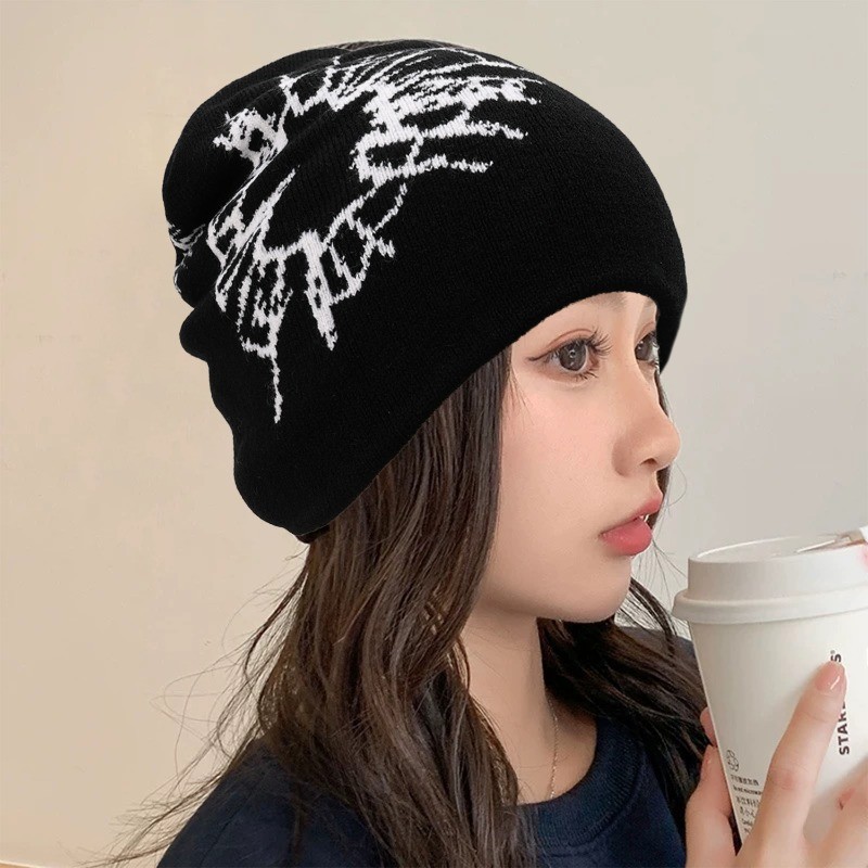 Mũ dệt kim họa tiết Jacquard Y2K Gothic, phù hợp trượt tuyết và cưỡi ngựa