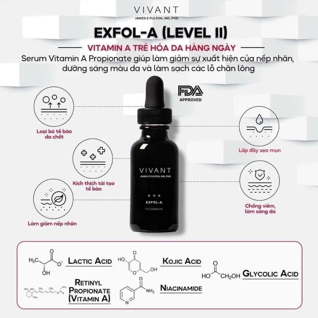 [HÀNG CÔNG TY] Tinh chất Vivant Skincare Exfol-A 30ml | Giảm Mụn, Căng Bóng, Sáng Da, Chống Lão Hoá