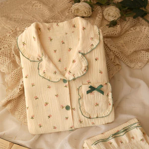kiểu dáng hot trên mạng, viền ren, tay dài, quần dài, áo cardigan; bộ hai món đồ mặc nhà xinh ngọt ngào, nhún bèo