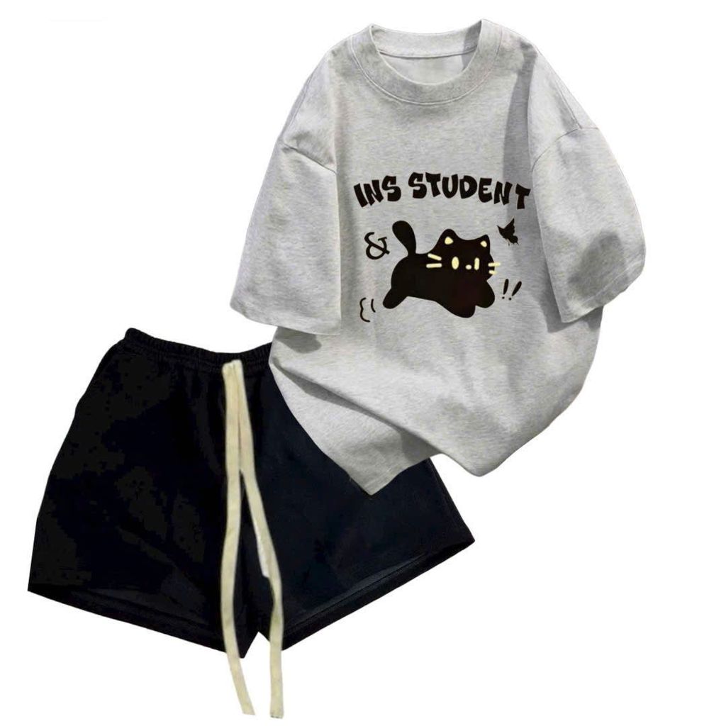 Bộ quần ĐÙI cộc màu đen dây to, ,+ mix phông form rộng hình mèo student-unisex94