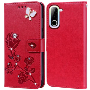 Kim Cương Dập Nổi In Hoa Hồng Ốp Lưng Điện Thoại Infinix Hot 70 4G X6895B Sách Da Full Silicone Cover