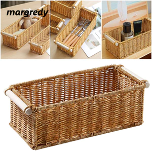 Giỏ sắp xếp MARGREDY, Giỏ đựng đồ màu nâu họa tiết dệt, Tay cầm bằng gỗ sáng tạo Hộp sắp xếp máy tính để bàn Điều khiển từ xa