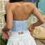 Châu Âu Mỹ Phong Cách Xanh Trắng Kẻ Sọc Xương Cá Corset Ren Cạnh Eo Ngọt Ngào Tươi Phong Cách Mỏng Ngắn Top 71625