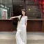 Áo thun trắng tay ngắn lười biếng có dây buộc thiết kế mùa hè mới mỏng hơi trong suốt Top Loose Laced-Up Kem chống nắng