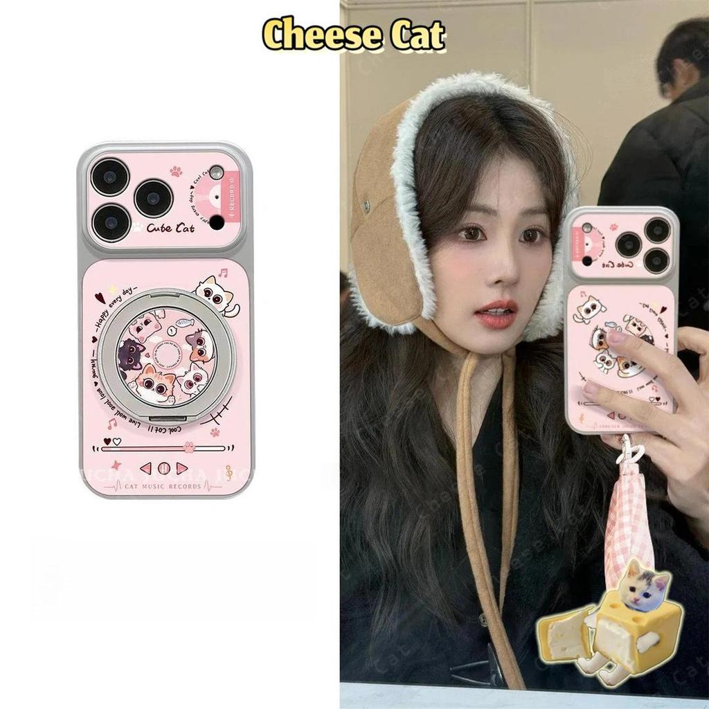 Ốp Điện Thoại Da Mèo Hồng Có Chân Đế Kim Loại Xoay Cho iPhone 16 17 13 14 15 Plus 12 11 Pro Max Xs XR