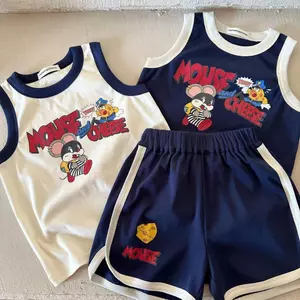 Bộ áo Vest hoạt hình cho trẻ em (90-140) Áo in chữ mùa hè + Quần short Bộ hai mảnh mỏng