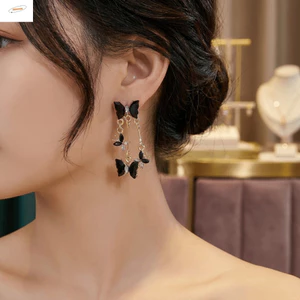 Bông tai mặt dây chuyền hình bướm ZENZON, Bông tai tua rua pha lê sáng bóng thanh lịch, Hợp kim cổ điển Màu đỏ đen Bông tai thả dài Các dịp dự tiệc