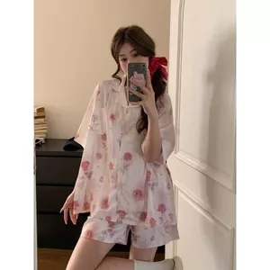 Mùa hè Mỏng Hồng Phong Cách Nhẹ Nhàng Hoa Hồng In Quần Short Tay Ngắn Bộ Đồ Ngủ Nữ Thường Ngày Có Thể Mặc Bên Ngoài Homewear Suits