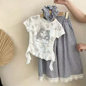 Bé gái (120-160) Mùa hè Phong cách mới Thời trang Tie-Dye Tay ngắn màu tương phản + Quần dài kẻ sọc