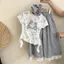 Bé gái (120-160) Mùa hè Phong cách mới Thời trang Tie-Dye Tay ngắn màu tương phản + Quần dài kẻ sọc