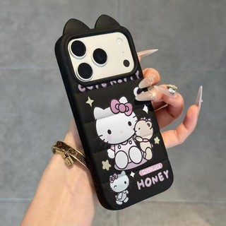 Ốp lưng tai mèo áo lông vũ Hello Kitty ôm gấu dễ thương, phong cách ins nữ tính cặp iPhone 16/17/15/14/13/12/11/X/XS Max