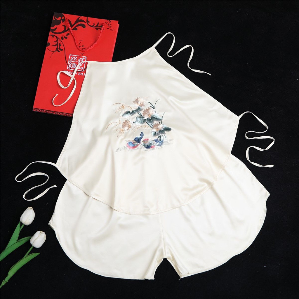 Size Lớn 100kg Bộ Đồ Ngủ Thêu Nữ Mỏng Camisole Quần Short Phù Hợp Với Loungewear Thêu Bellyband Nữ
