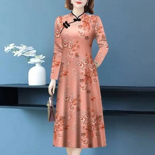 In hình size lớn áo sườn xám trung niên, chất liệu bao da thịt dài tay, phù hợp thu đông