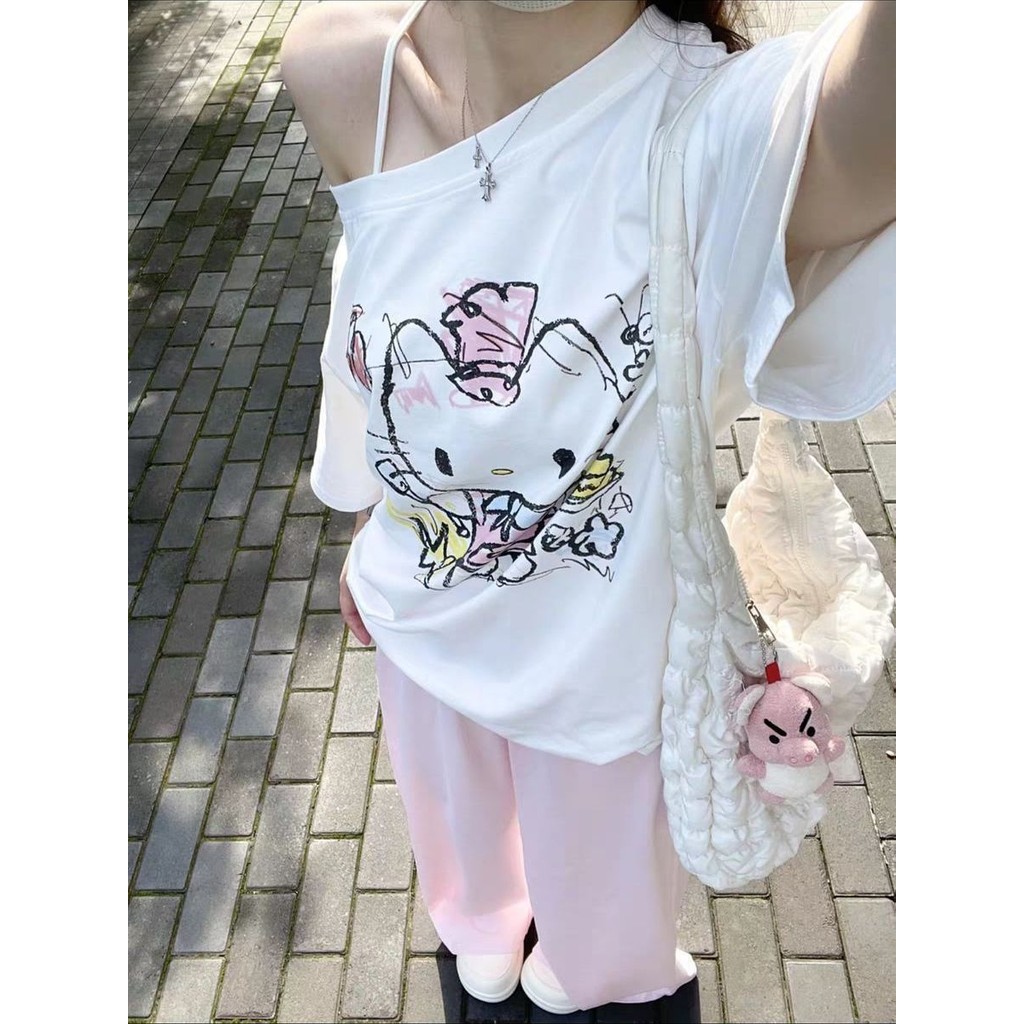 Milyfashion Fun kitty In Hình Slanted Vai Áo Thun Tay Ngắn Mùa Hè Phong Cách Mới Rời Tinh Khiết Desire Top Quần Áo Nữ