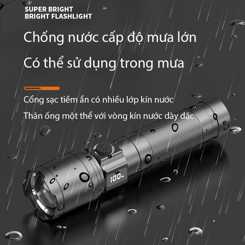 Đèn pin cầm tay siêu sáng, 1800mah pin dung lượng cao, màn hình LCD hiển thị pin, Bấc đèn nhập khẩu, Cổng Sạc TYPE-C