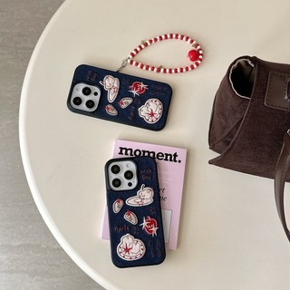 Hàn Quốc Ins Flannel Táo Thêu Trái Cây Vải Denim Đính Hạt Dây Xích Ốp Lưng Điện Thoại iPhone 17Promax 17Pro 14 15 16 Pro Max 13 Chống Sốc Ngọt Ngào Nữ Tính Vỏ Di Động