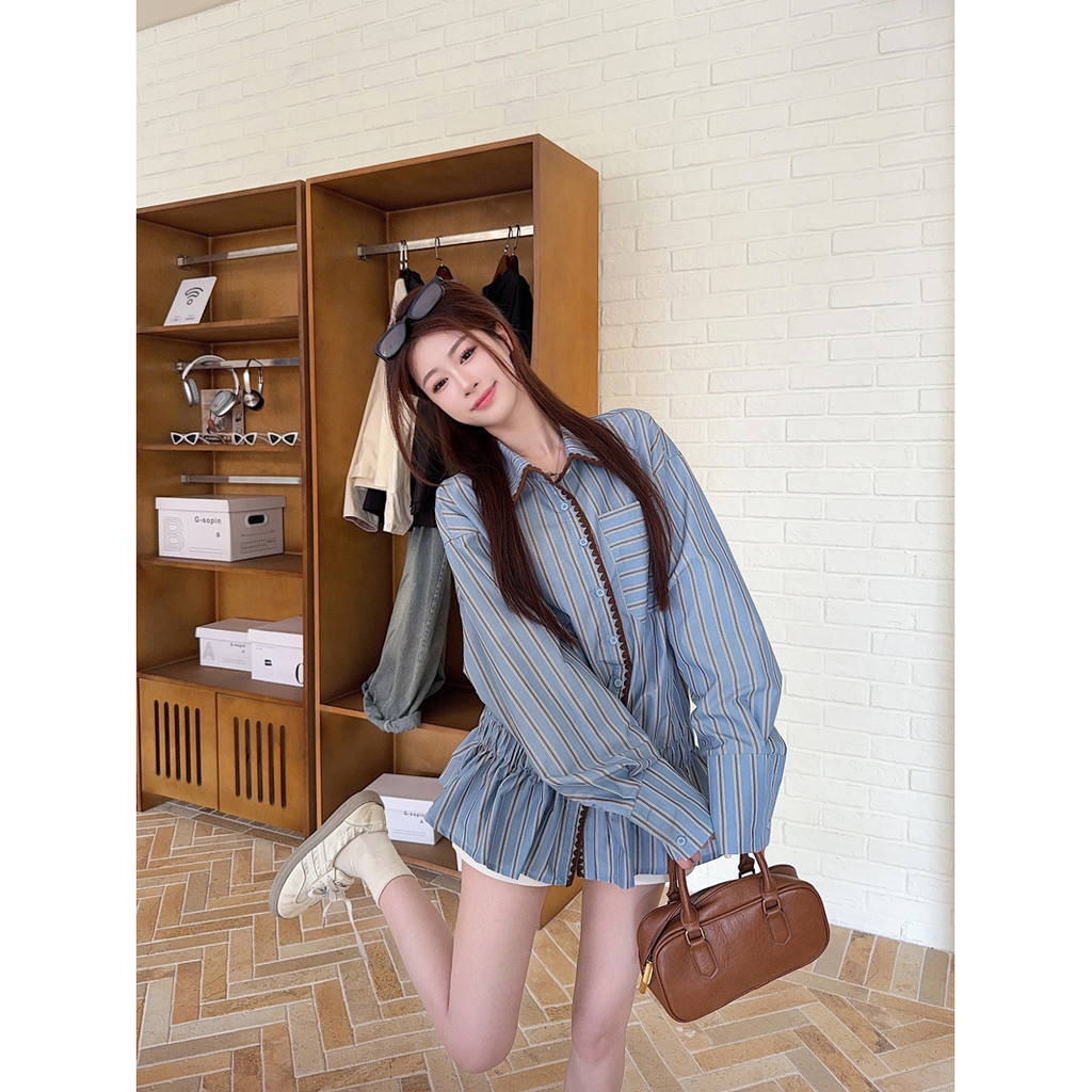SUXI Áo sơ mi sọc dài tay màu xanh phong cách Hàn Quốc mới mùa thu 250911