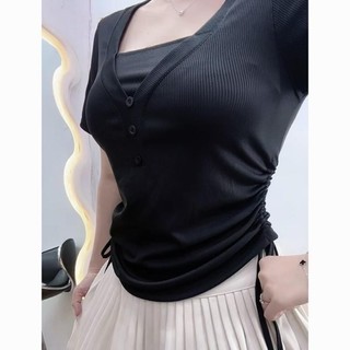 Áo Kiểu Bigsize Nữ Ôm Body Cổ Tim Tay Ngắn Phối Dây Rút Hai Bên Che Bụng Tôn Dáng A309
