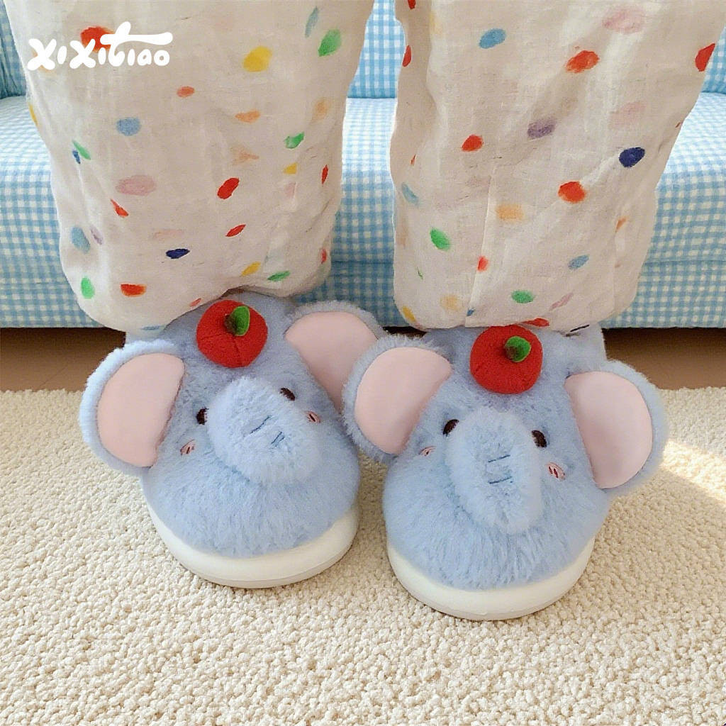 XIXITIAO Dép Cotton Đế Mềm Voi Dễ Thương Nữ Mùa Đông Thoải Mái Nhà