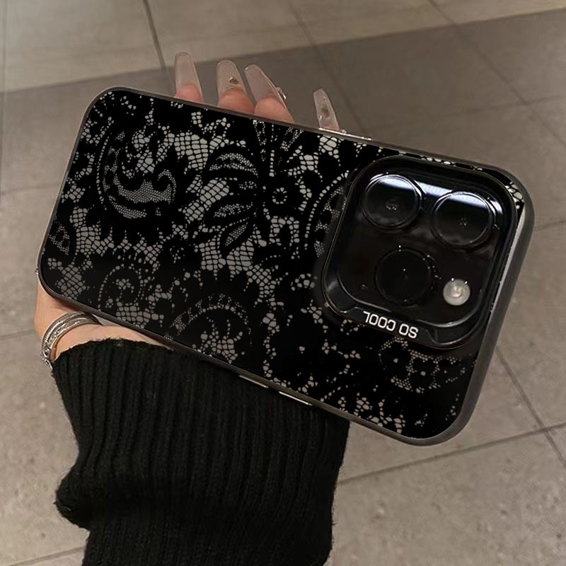 Dành Cho iPhone 16 15 17 Pro Max 11 13 14 12 Pro Cho iPhone 16e 7 8 Plus XS Max X XR SE2022 Thời Trang Ren Đen Viền Cô Gái Thoáng Mát IMD Matte Cứng Chống Sốc