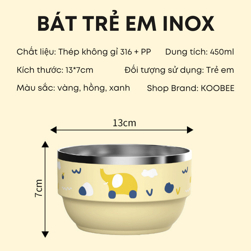 Bát Trẻ Em Inox 316 KOOBEE 450ml | Bát Ăn Dặm Chống Vỡ Nhựa PP Cách Nhiệt An Toàn Cho Bé | 327