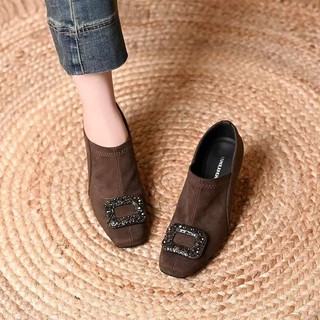 Giày Cao Gót Nữ Mũi Vuông Dày Gót Chân Sâu Miệng Kim Cương Giả