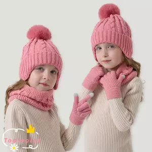 Bộ găng tay khăn quàng cổ mũ TOPTOOLCX, Bonnet ấm áp cho trẻ mới biết đi chống gió, mùa đông 3-10Y dày Pompom Mũ dệt kim ngoài trời cho trẻ em
