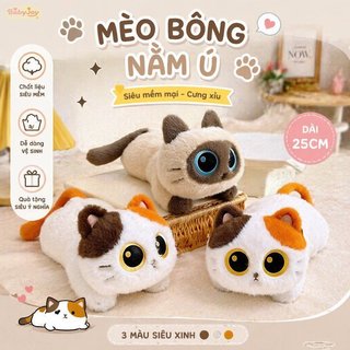 【BabyJoy】Gấu bông mèo đen mắt to dáng nằm, thú nhồi bông mèo tam thể, mèo Xiêm, gối ôm, quà tặng bé gái