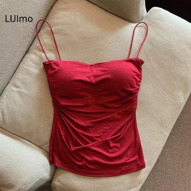 LUImo Gợi Cảm Chắc Chắn Xếp Ly Xe Tăng Camisole Nữ Mùa Hè Spaghetti Dây Không Tay Áo SBS