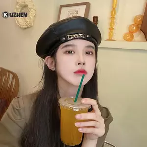 KUZHEN Nữ Thời Trang Vintage Thanh Lịch Dây Xích Kim Loại Da Hình Bát Giác Mũ Nồi Nữ Vintage Màu Trơn Mũ Nồi HOT