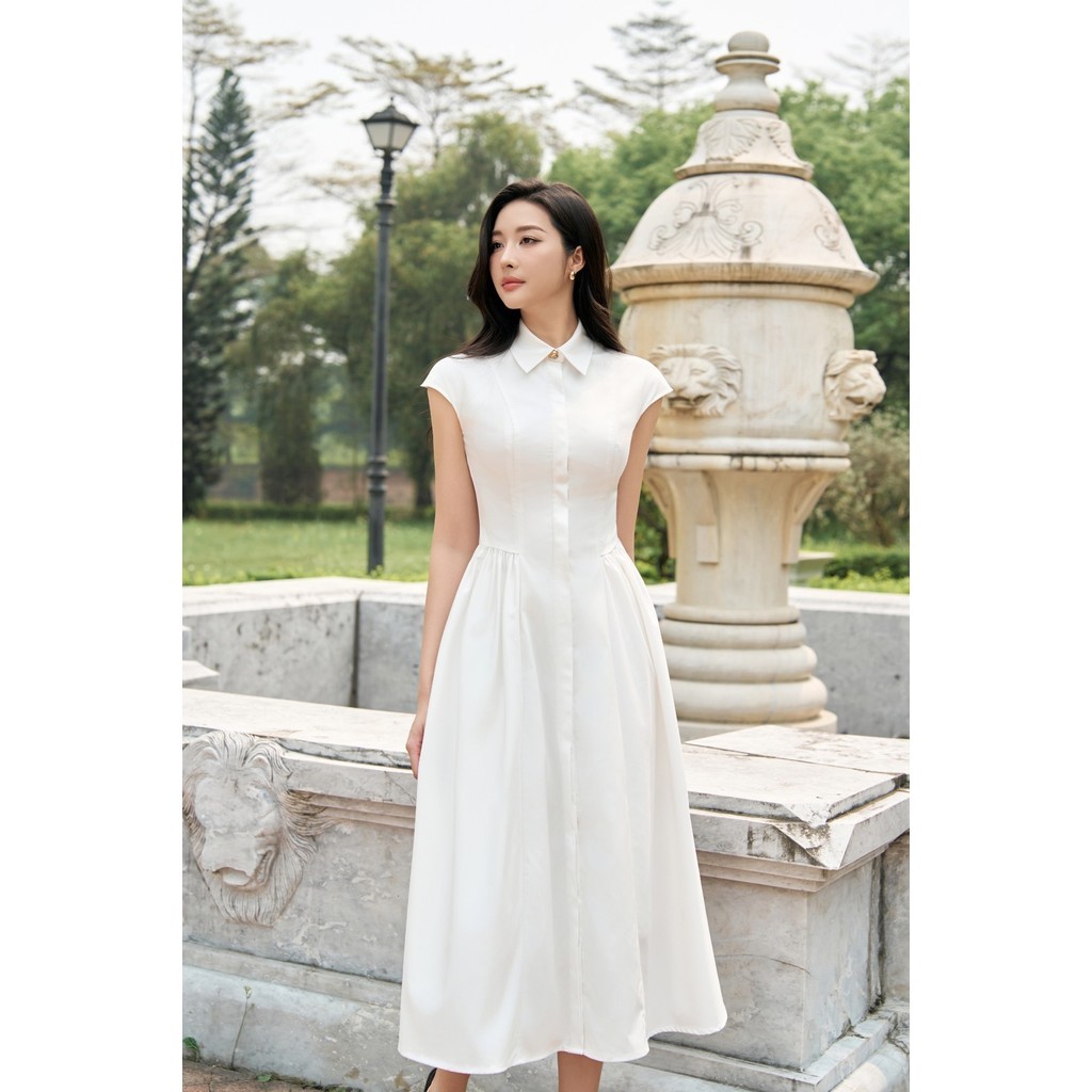 Đầm công sở ELLA DORA cổ sơ mi tay hến phối nẹp giấu cúc dáng dài hiện đại dễ mặc màu TRẮNG [D299]
