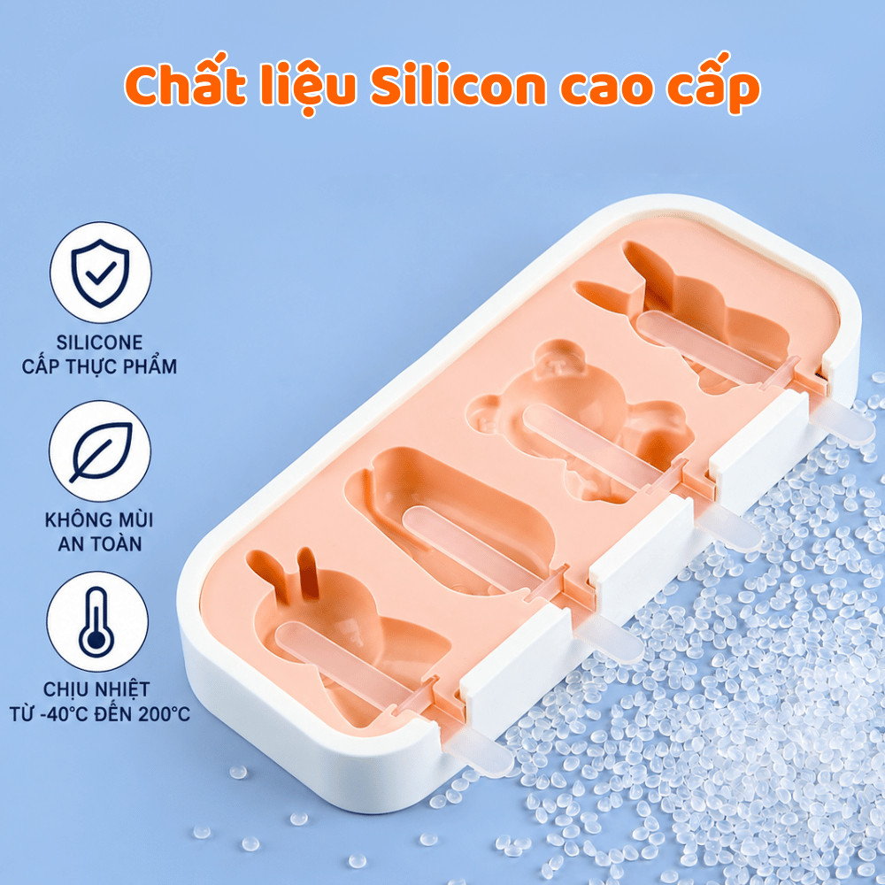 Khuôn Kem Que Silicon Thực Phẩm An Toàn, Khay Làm Đá Trái Cây Đáng Yêu Cho Bé Yêu Thích