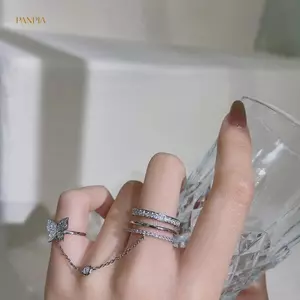 PNPIA- Sel Bướm Dây Xích Nhẫn Nữ Bé Gái Sáng Bóng Kim Cương Giả Zircon Nhiều Lớp Mở Nhẫn Bộ Punk Trang Sức Thời Trang