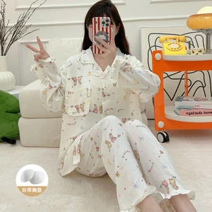 Đồ Ngủ Ngoại Thương Xuyên Biên Giới Nữ Quần Dài Tay Xuân Thu Áo Len Đệm Ngực Áo Cardigan Viền Nhăn Bộ Đồ Mặc Nhà