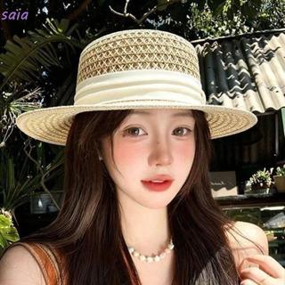 Mũ Rơm SAIA, Vành Rộng Chống Tia UV Mũ Chống Nắng Mùa Hè, Pháp Thoáng Khí Thanh Lịch Có Thể Điều Chỉnh Mũ Flat Top Cho Nữ