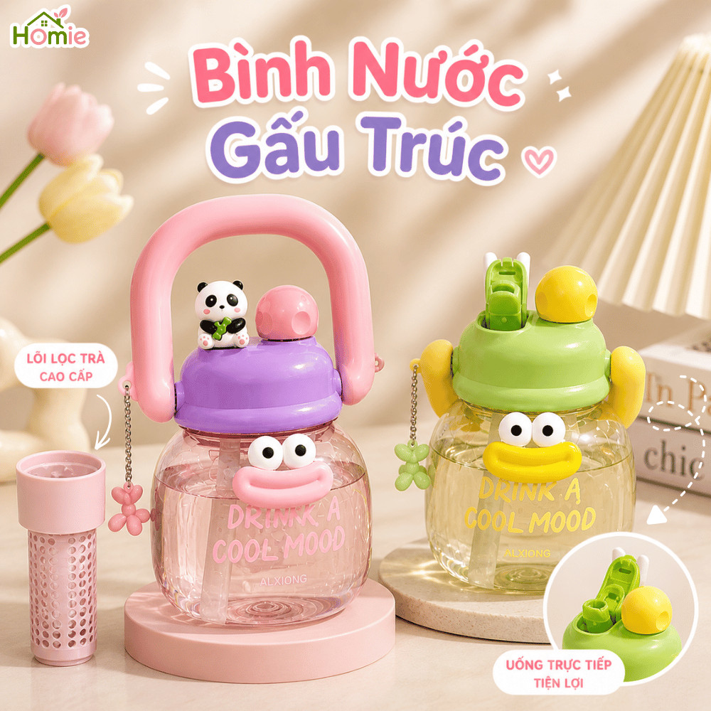 Bình Nước Gấu Trúc Dễ Thương Có Ống Hút HOMIE, Bình Uống Nước Có Lõi Lọc, Quai Xách Kèm Charm 800ml