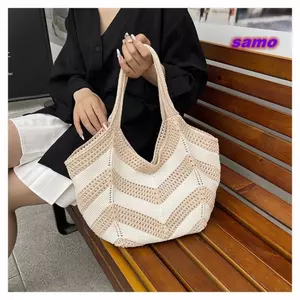 Túi Tote móc SAMO, Túi đeo vai dệt kim sọc rỗng phong cách Bohemian, Túi xách dệt bằng vải dệt thủ công dung tích lớn thẩm mỹ Sử dụng hàng ngày
