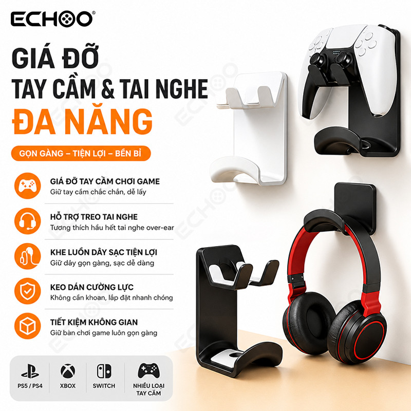 Giá Đỡ Tay Cầm Chơi Game 2 Tầng Kèm Giá Treo Tai Nghe Cho PS5 PS4 Xbox Switch Gamepad Holder ABS