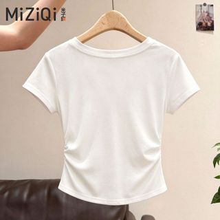 [Miziqi] Áo thun cổ chữ v màu trắng mùa hè dành cho nữ Áo ngắn xếp ly