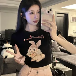 Áo thun in hình Thỏ ngắn tay chính hãng Vai mùa hè Phong cách mới Slim-fit Slimmer Nhìn ngọt ngào cay ngắn hàng đầu