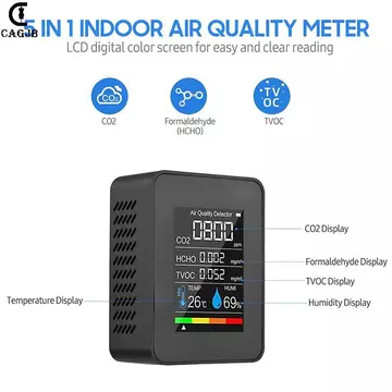 [CAGJB] Máy đo CO2 5in1 đa chức năng Máy kiểm tra độ ẩm nhiệt độ kỹ thuật số Carbon Dioxide TVOC HCHO Máy dò chất lượng không khí YOMG