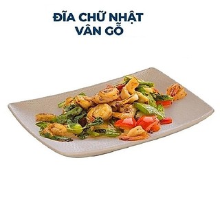 Đĩa chữ nhật  Vân Gỗ 4 cỡ nhựa phíp Melamine cho nhà hàng, quán lẩu, nướng đẹp