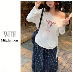 Milyfashion Ba Lê Phong Cách Hoạt Hình In Hình Dài Tay Dây Rút Áo Thun Ren Khâu xiên Vai Mùa Hè Phong Cách Mới Kem Chống Nắng Lười Top E