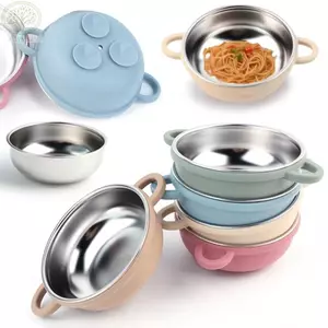 Bộ đồ ăn trẻ em AMBU, Bát đựng thức ăn bằng thép không gỉ 304 dễ lau chùi, Thiết kế chia đôi chất lượng cao Đế hút silicon chịu nhiệt cho bé