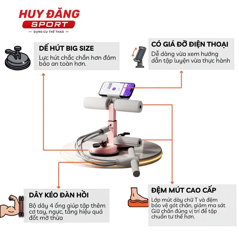 HuyDangSport Dụng cụ tập cơ bụng nâng cấp 2 đế, trụ T kèm dây kéo hút chân không tại nhà DC003