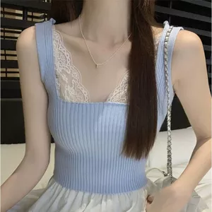 Hot Girl Cổ Vuông Ren Đan Áo Vest Nữ Mùa Hè Phong Cách Mới Pure Desire Phong Cách Slim-fit Đáy Top