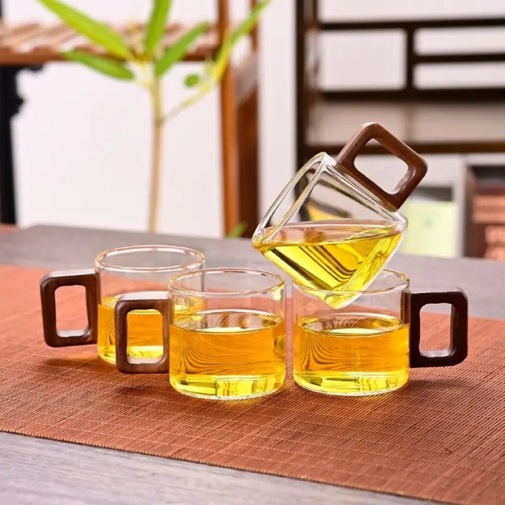 ✨Bộ tách trà thủy tinh Borosilicate cao có tay cầm bằng gỗ Cách nhiệt Chống bỏng 120ml Cốc trà nhỏ gia đình