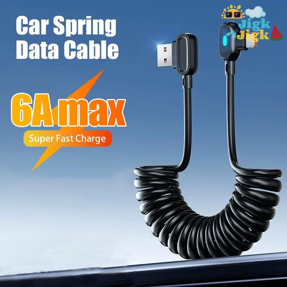 Cáp dữ liệu lò xo JIGK 6A, Cáp sạc nhanh USB C sang Type C, Dây sạc nhanh màu đen mùa xuân cho xe Huawei